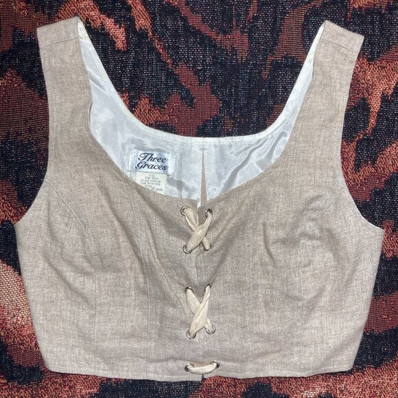 Vtg 90s Y2K lace-up corset bustier vest crop linen preppy RenFaire steampunk S - Picture 1 of 5
